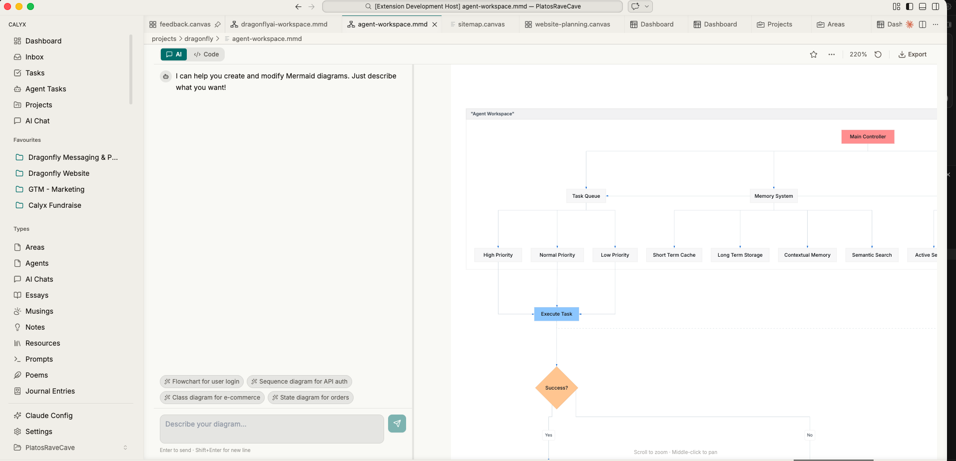 The Mermaid miniapp — a chat-driven diagram builder running as a first-class surface inside Calyx