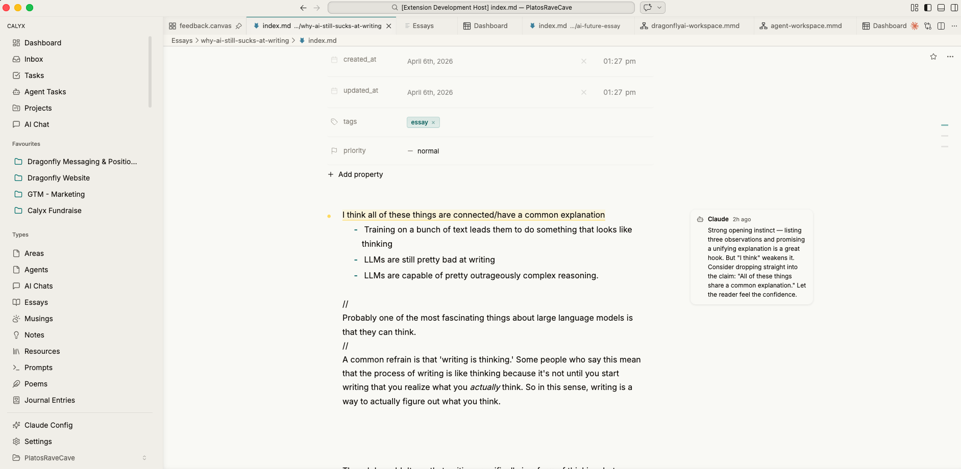Calyx rich text editor — markdown with wikilinks, block handles, and inline AI assistance